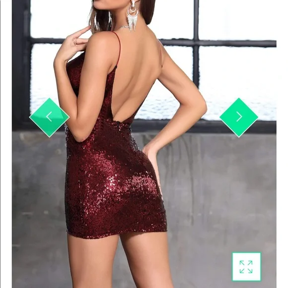 Deep V Neck Backless Sequin Wrap Dress Burgundy SHEIN - Picture 6 of 7